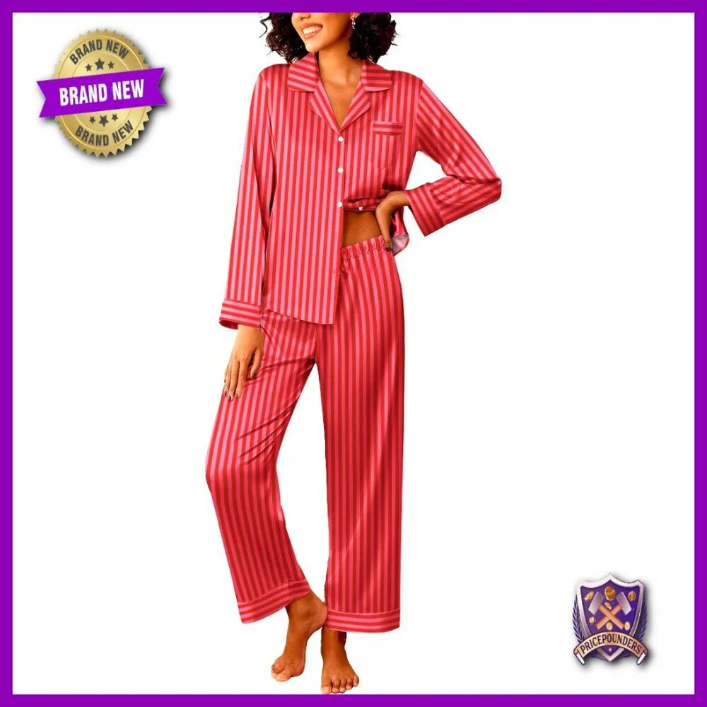 Silk Satin Pajama Set Long Sleeve Button Down Top and Pants Loungewear